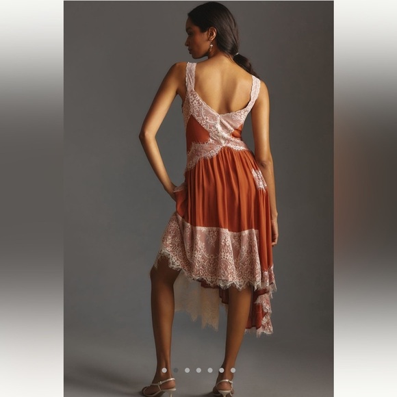 By Anthropologie Asymmetric Lace Midi Dress in Cedar Rust Orange Brown - Size 10 - Picture 2 of 10